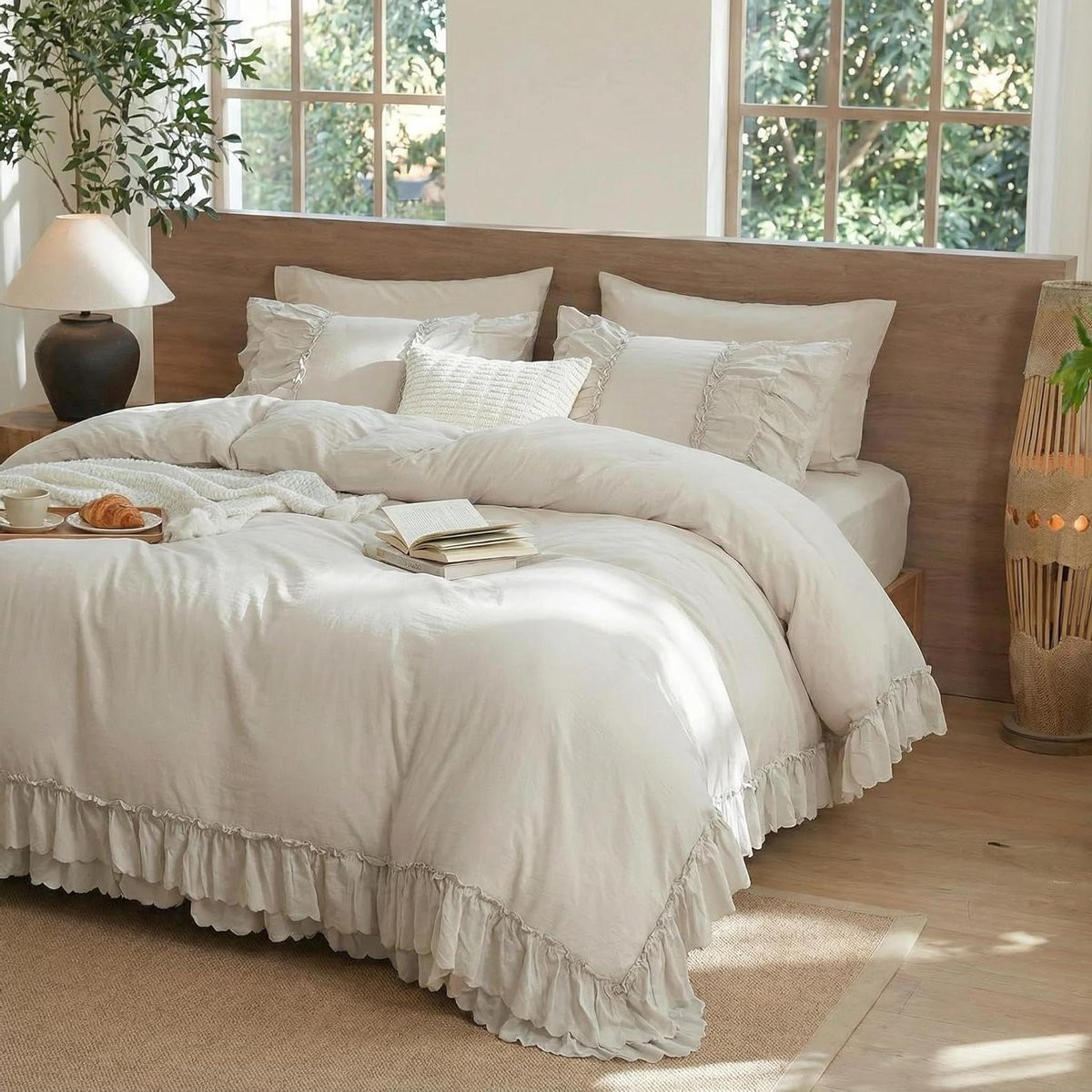 Dekbedovertrekset met dubbele ruches, Kingsize 230x220 cm, Beige
