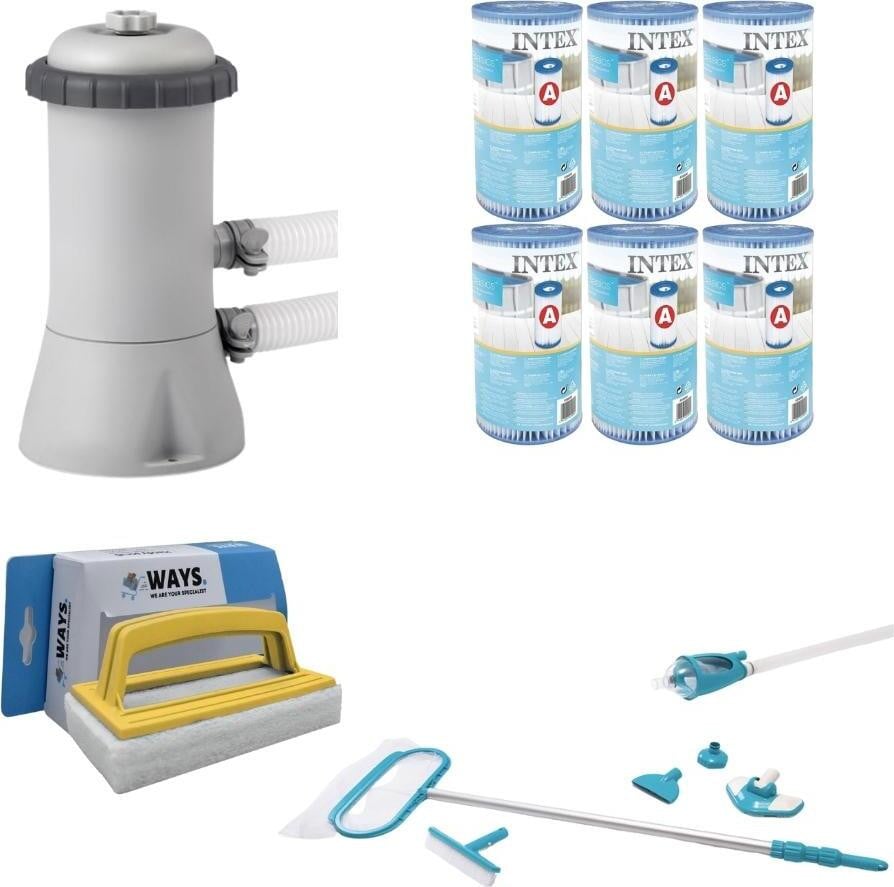 WAYS Zwembadonderhoudset Deluxe met Filterpomp 2271 liter/uur, 6 Filters Type A en Schuurborstel