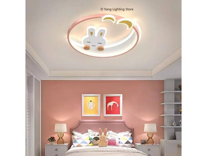 Dessin animé rose lapin lune lustres chambre d'enfants plafonnier rose jolies bébés filles chambre lumière plafond RC réglable