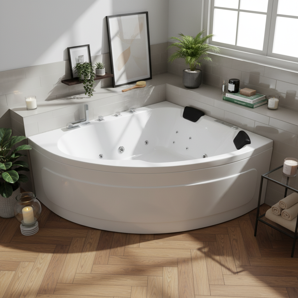 Indoor Whirlpool Raumsparbadewanne 180x130 Rechts cm, 25 Massagedüsen Heizung LED, freistehend, 2 Personen, Caribia DELTA XL Deluxe, Made in Germany