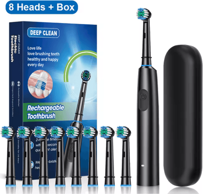 Inspire Picks Rotary Rechargeable Electric Toothbrush For Adults 8 Soft Brush Heads black 8 Heads Box