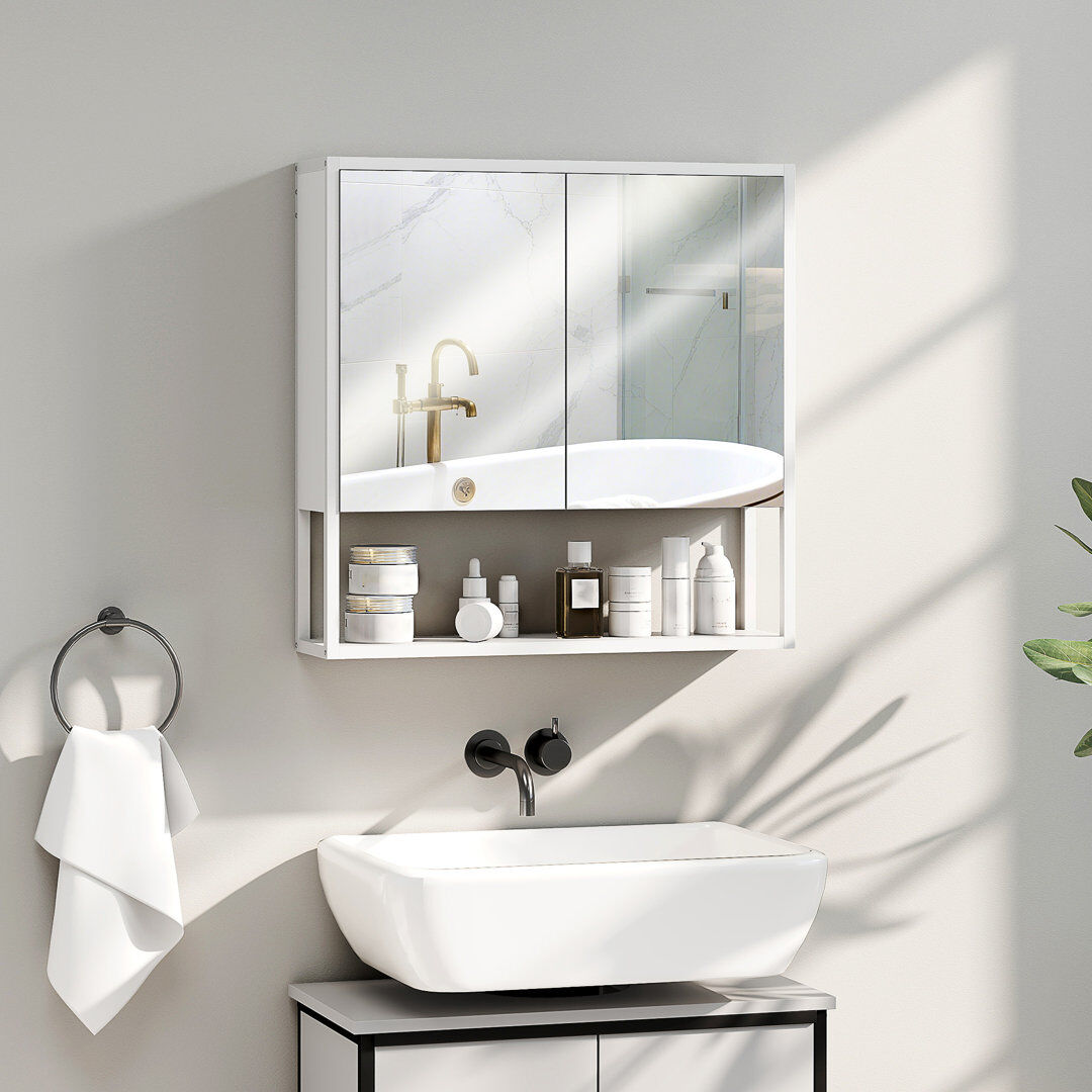 17 Stories HOMCOM Industrial Bathroom Cabinet with 2 Mirrored Doors Open Shelf White 23.6mm H
