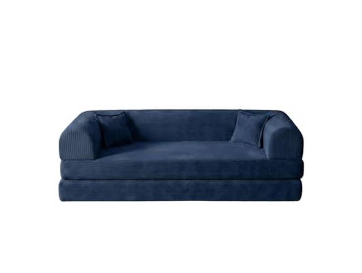 Hanah Home 3-Seat Sofa-Bed, Navy Blue, 190 x 90 cm 100% Ribbed Plush Fabric, Removable Cover, Paw-Friendly, 2 Cushions Included Stylish & Functional