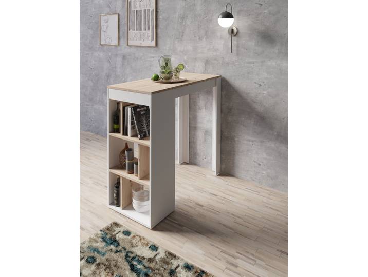 Bartisch BYLIVING Moby , weiss (weiß, eichefarbend, weiß), B:110cm H:104cm T:50cm, Tische, Bartisch, Breite 110 cm, Regalfächer, in verschiedenen Ausführungen erhältlich