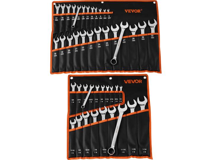 Jeu de clés à fourche VEVOR 44 pièces (SAE et métrique)\, jeu de clés à fourche (12 pans) Jeu de clés avec sacoche à roulettes\, jeu de clés mixtes en acier au carbone\, pour les réparations automobiles générales