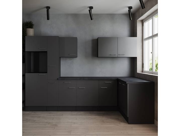 Premium Eck-Küchenzeile Oliver 310 cm 310 x 205 x 172cm Grau/Grau ohne Elektrogeräte