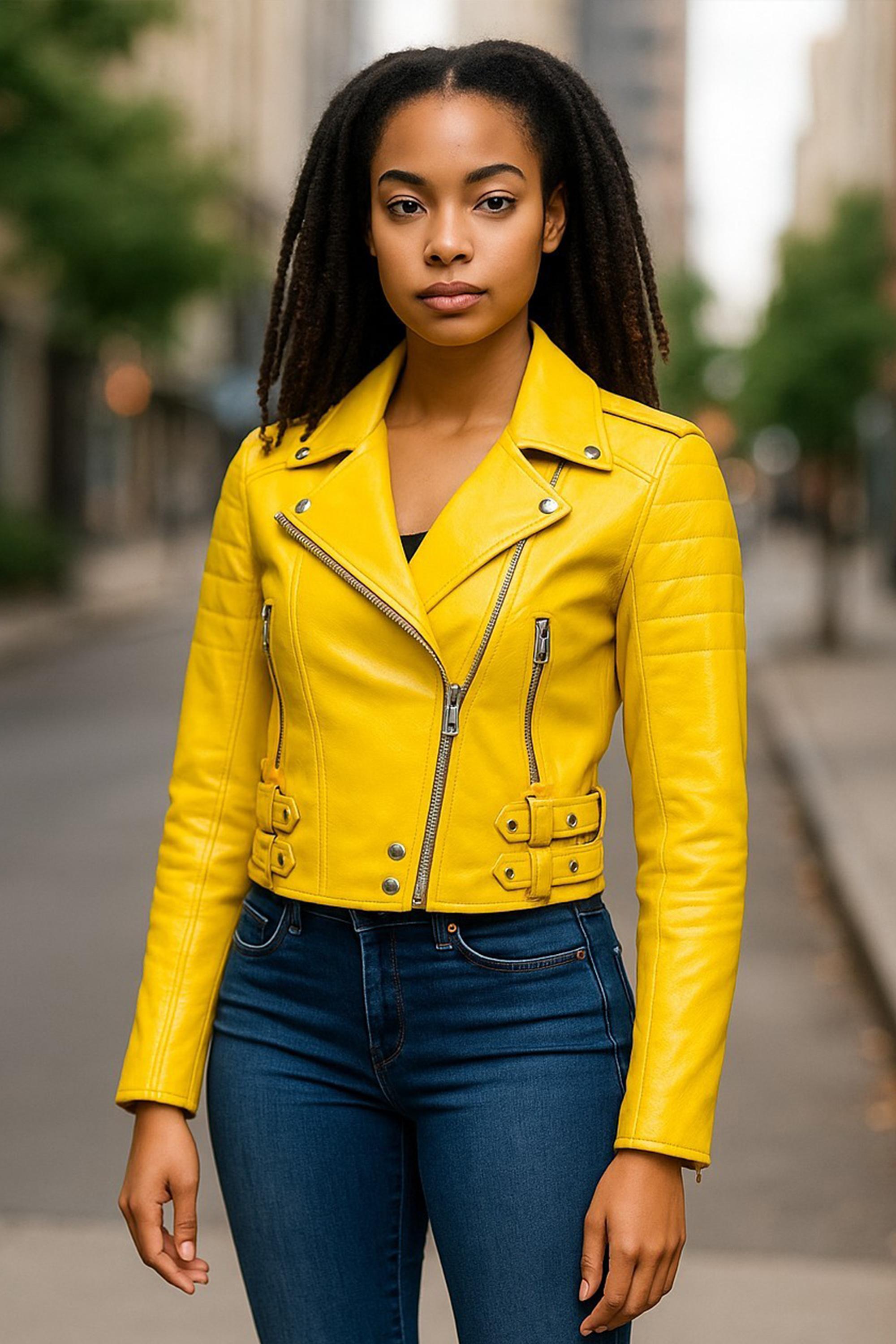 Gelbe kurze Brando-Bikerjacke aus Leder für Damen – Durban