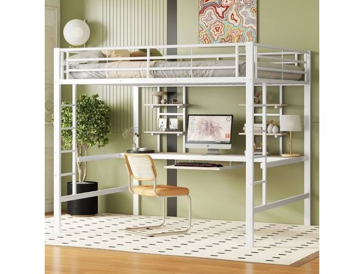 Lit Mezzanine - SOGEU - Lit Mezzanine 140x200cm - Bureau intégré - 2 étagères - Métal blanc