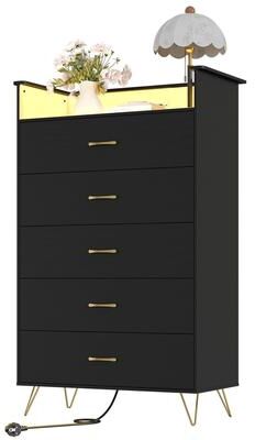 "Garvee 53"" Tall 5 Drawer Dresser with RGB LED Lights and Charging Station, App Controlled Wood Chest"
