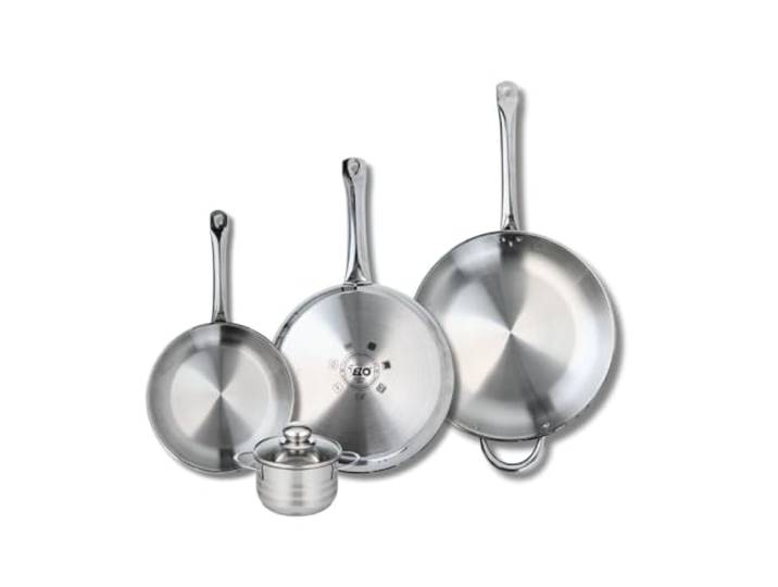 Elo Kochgeschirr, 3-teilig, 24/28/32 cm, Kochtopf 12 cm Vielseitiges Kochen aus Edelstahl, 3 Pfannen und 1 Kochtopf, 24, 28, 32 cm und 12 cm, Induktion, Glaskeramik, Gasherd