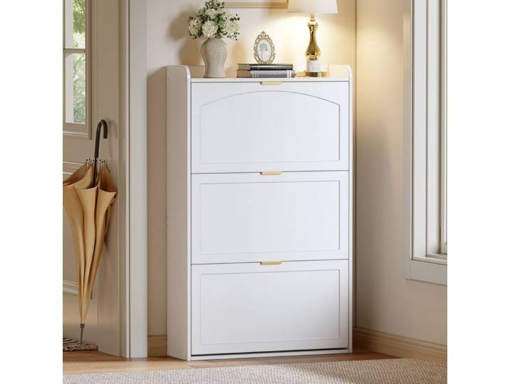 Meuble de Rangement Chaussures Blanc 3 Portes avec Système Anti-Basculement Meuble Pratique pour Entrée ou Salon - 76x23x118 cm