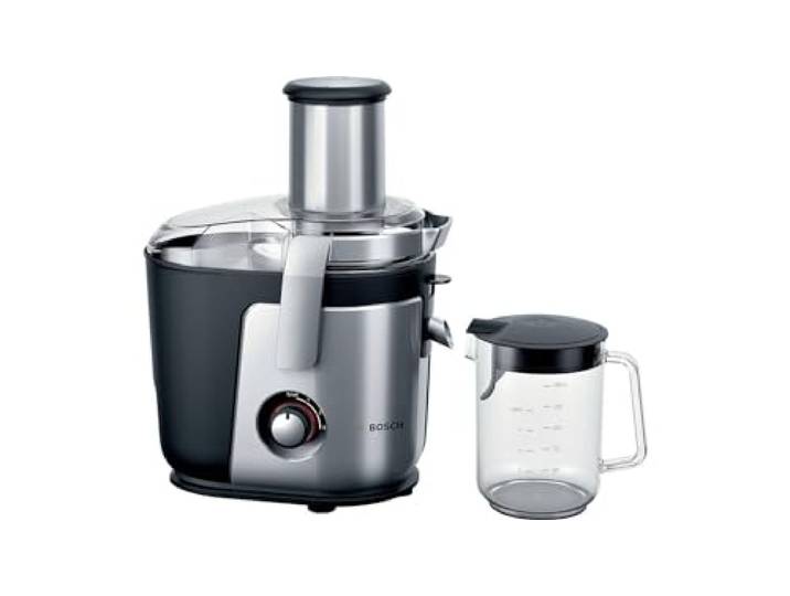 Bosch XXL Entsafter, für Obst und Gemüse, große Mengen, XXL Einfüllschacht, schnell, kein Vorschneiden, 1,25l Saftbehälter, leichte Reinigung, spülmaschinenfest, 1200 W, silber, VitaJuice 4 MES4010