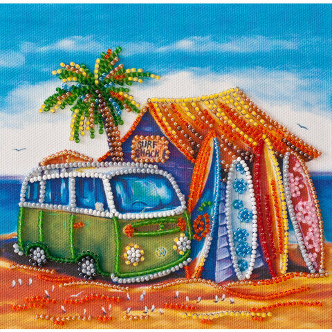 Perlen-Stickbild "Surf-Urlaub", 15 x 15 cm