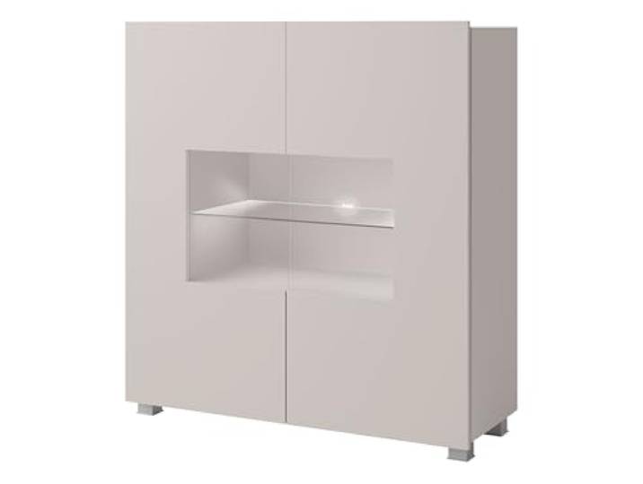 Mirjan24 Kommode Calabrini BR01 mit 2 Türen (Cashmere, weißer LED) Moderne grifflose Kommode mit gehärtetem Glas und viel Stauraum für Wohn- und Schlafzimmer