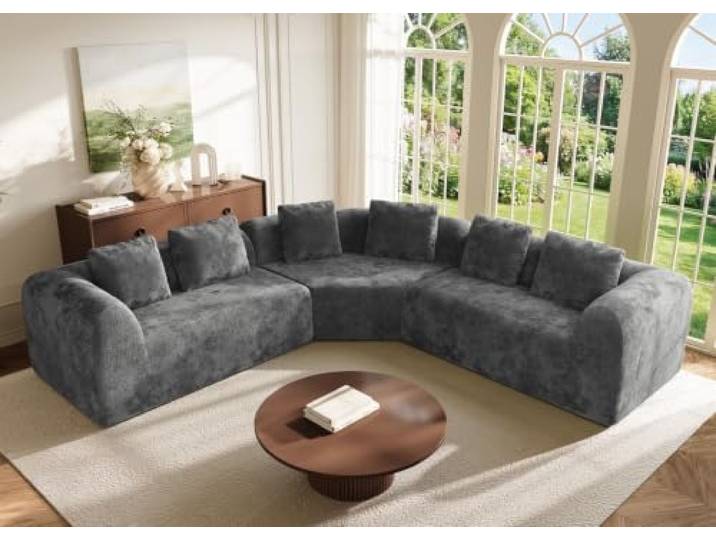 275cm Graues geschwungenes Ecksofa, Chenille Wolkensofa ohne Rahmen