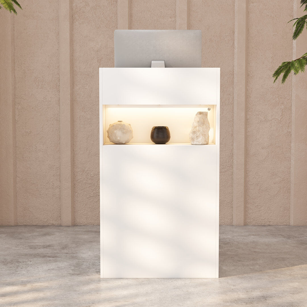 Metro 59cm Compact Reception Desk with Lighting & Display Shelf - Narrow Office & Salon Counter - White White