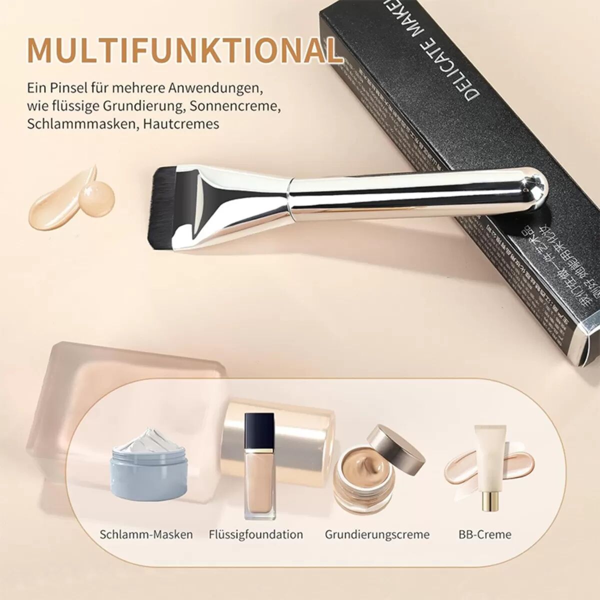 INF Ultra-Thin Flat Foundation Brush Set (2 pcs) mit Staubschutz - Silber synthetische Borsten Make-up-Tools