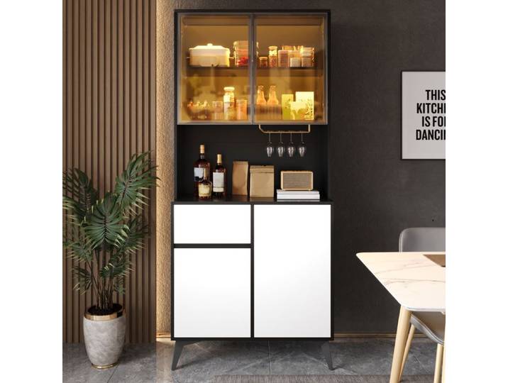 WOVREO Vitrine haute buffet 80 x 40 x 180 cm LED reglable par application MDF noir et blanc