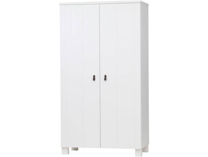 Garderobenschrank WOOOD Ties FSC-Kiefernholz gebürstet mit Ledergriffen, H202 x B111 x T55 cm , weiß, B:111cm H:202cm T:55cm, FSC-zertifizierter Holzwerkstoff, Schränke, Garderobenschrank, V-Nuten-Türen, Tragkraft 10 kg pro Einlegeboden, Melamininterieur