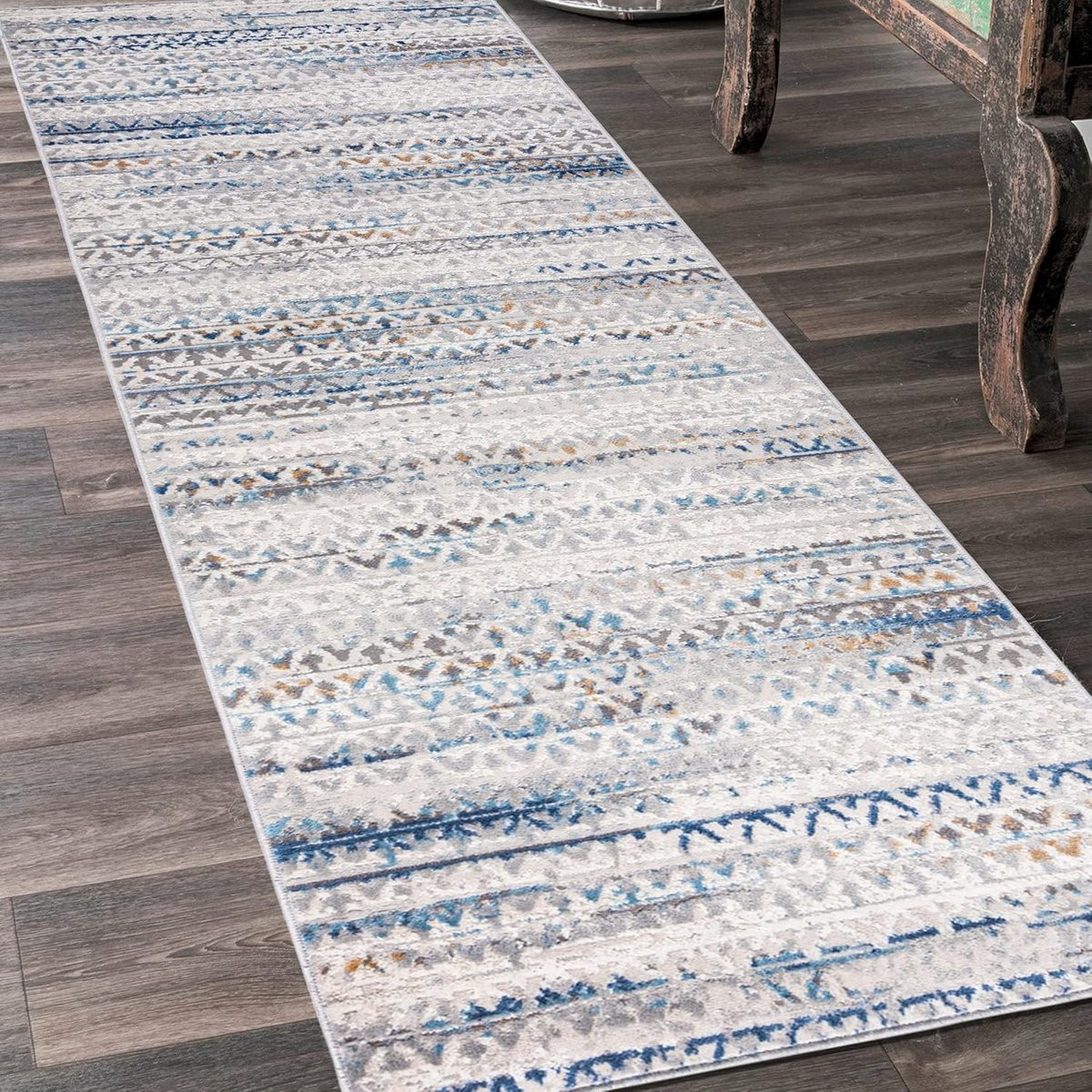 Modern Vloerkleed Gangloper met Abstract Patroon in Grijs en Blauw