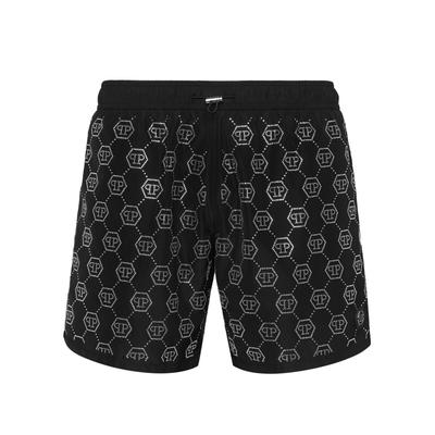 Badeshorts PHILIPP PLEIN "Mit Schmucksteinen", Herren, Gr. XXL, US-Größen, schwarz-weiß (0270, schwarz, silber), Obermaterial: 100% Polyester, Badehosen Badeshorts