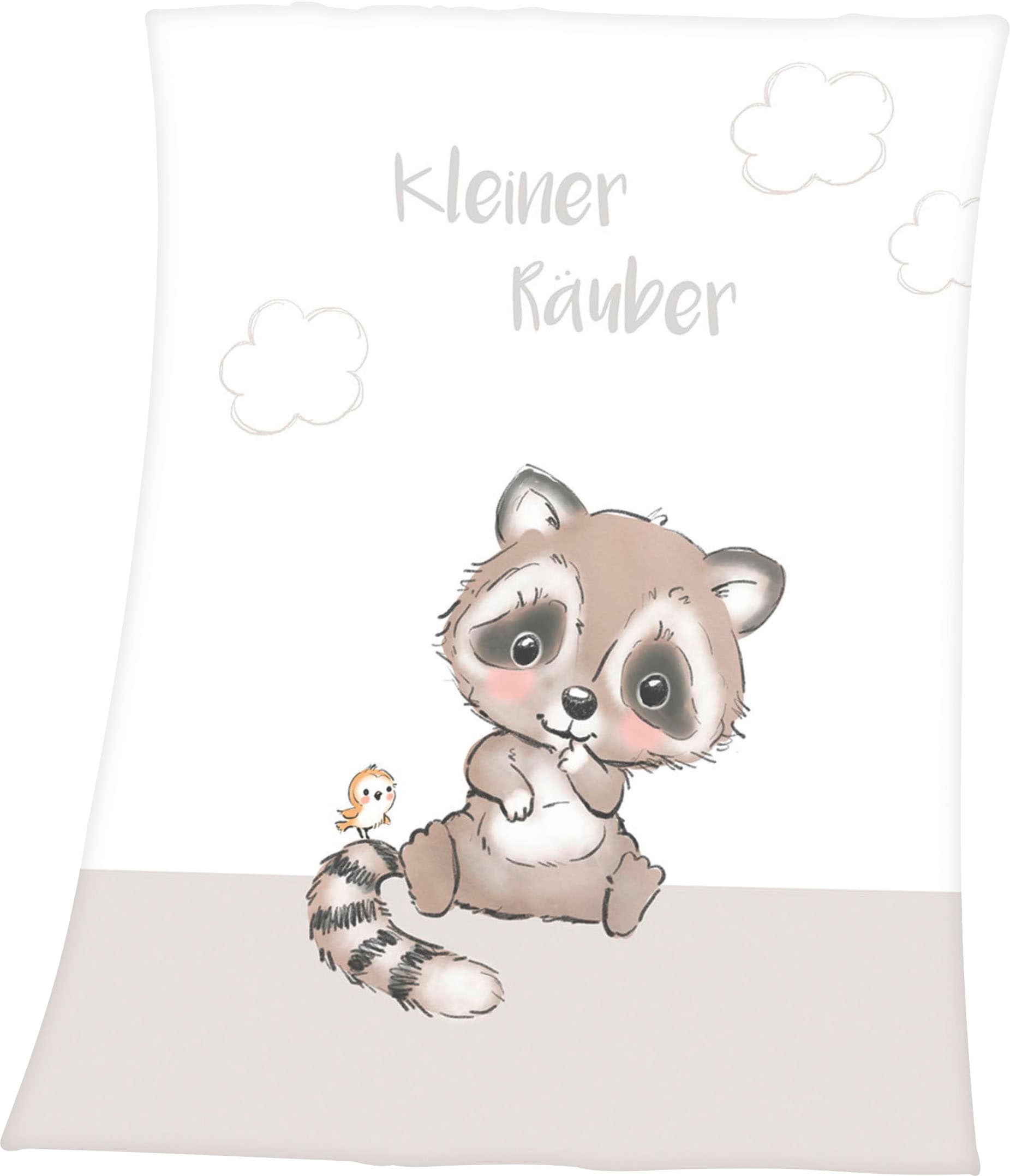 Babydecke BABY BEST "Kleiner Räuber", beige, B:75cm L:100cm, Polyester, Wohndecken, Babydecke, mit niedlichem Waschbär Motiv und Schriftzug, Kuscheldecke