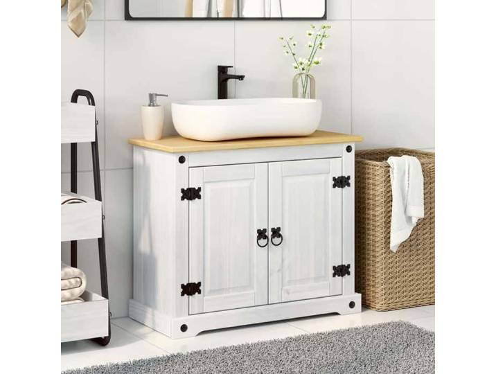 Joli & Fonctionnel - Meuble de bain - (Blanc) Armoire d'évier - Cabinet d'évier - avec étagère Blanc 73x33x60 cm Pin massif kda58737