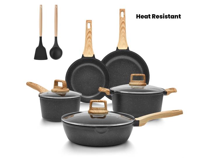 Ensemble de 10 ustensiles de cuisine antiadhésifs, casseroles et poêles avec poignées amovibles, compatibles induction, four et lave-vaisselle, ensemble de poêles, ensemble de casseroles, noir.
