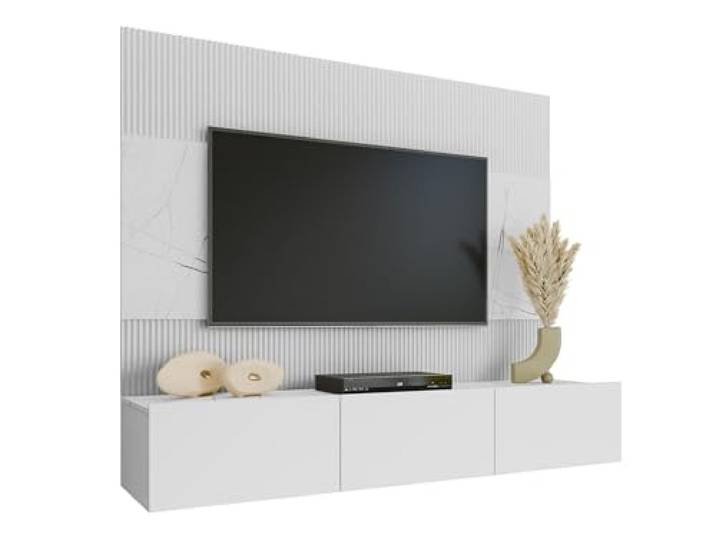 Mirjan24 Wohnwand Deromi (Weiß + Weiß Marmor, ohne Hängeregal) Kompakte Hängewohnwand mit TV-Paneel, TV-Lowboard mit 3 Innenfächern, Push-to-open-System und Gasdruckfedern