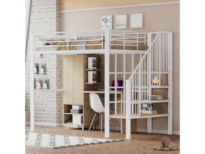 Merax Metall Hochbett 140 x 200 cm mit Regal, Multifunktionales Hochbett für 2 Personen mit Treppe, für Kinder, Weiß (ohne Matratze)