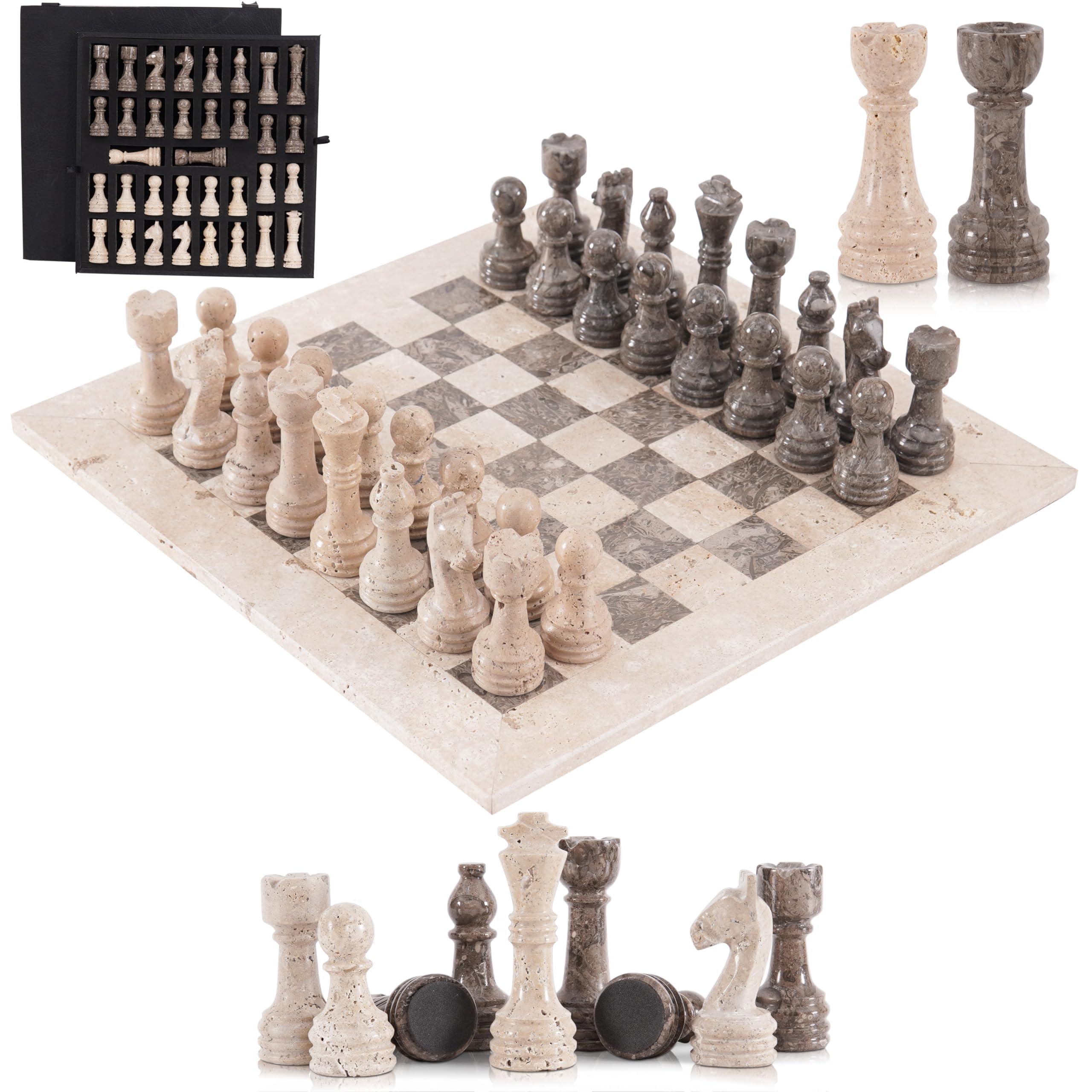 Marmor-Schachspiel 38 cm, Travertin & Ozeanstein, Luxus-Set