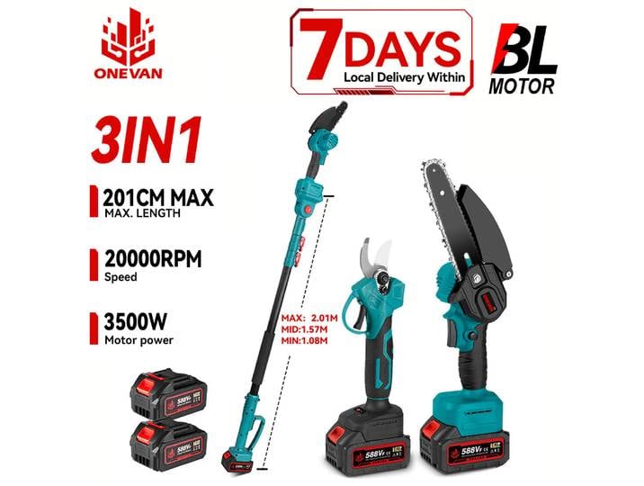 Tronçonneuse électrique télescopique sans balais ONEVAN 3500W 3-en-1, cisailles pour branches hautes, outil de jardinage pour batterie Makita