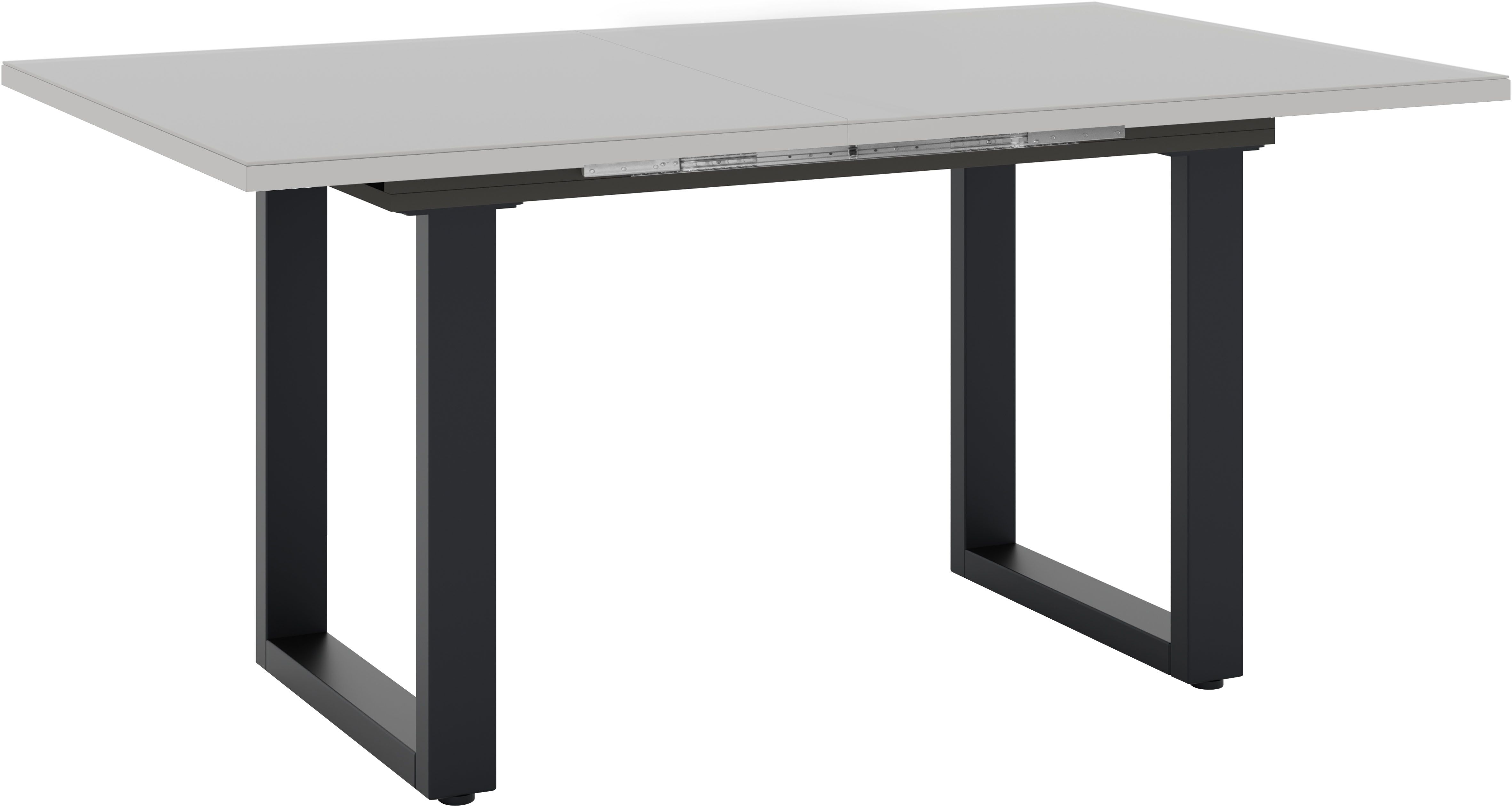 Esstisch MÄUSBACHER, grau (schwarz feinstruktur, glas kreidegrau glanz, schwarz feinstruktur, glas kreidegrau glanz), H:75cm, Tische, Esstisch, Esstisch ausziehbar auf 210 cm, eckige Tischform, Gestell U-Form schwarz feinstruktur, glas kreidegrau glanz, s