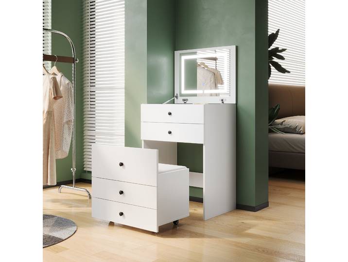 SIRHONA Coiffeuse multifonctionnelle avec chaise dissimulée et rangement divisé 59.2×42.6×127cm