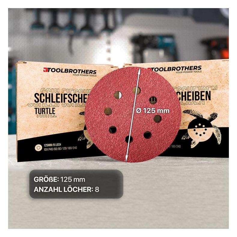 Tool Brothers TURTLE Schleifset SET 125mm Klett 8 Loch je 40x P40 / P60 / P80 / P120 / P180 / 240 für (P120, P180, P240, P40, P60, P80) (20853708)