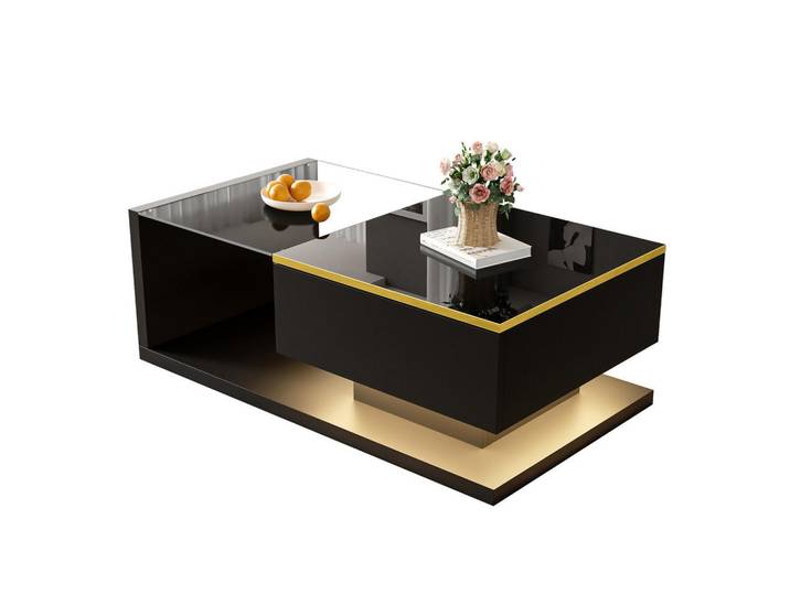 Flieks Couchtisch 90cm Schwarz Hochglanz LED Effekt Glasplatte Beistelltisch, Holz, 60.48x15.19x102.79 cm, Wohnzimmer, Wohnzimmertische, Couchtische