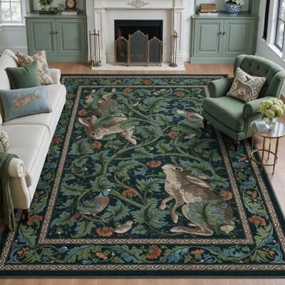 BLUEBELL Forest Botanical Rabbit Washable Area Rug, Vintage Woodland Animal Print Low Pile Carpet