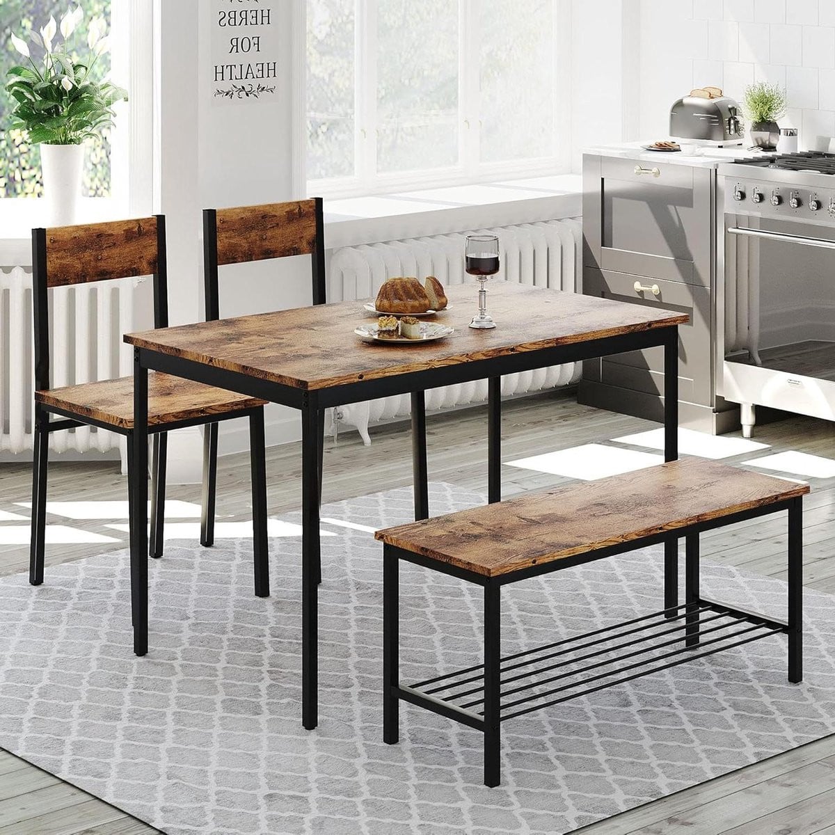 4-delige eettafel set in industriële stijl met houtkleur voor de eetkamer of keuken