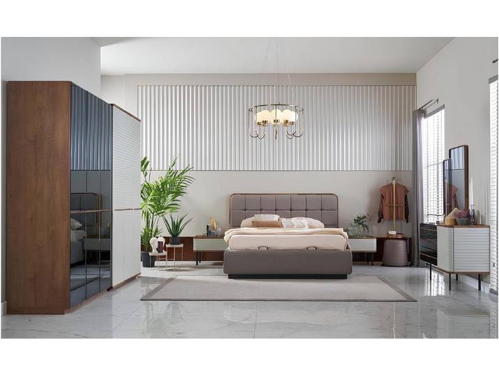 Xlmoebel Schlafzimmer-Set Modernes Schlafzimmer-Ensemble mit Doppelbett in warmem Braunholz, (6-tlg., Schlafzimmer-Set), Hergestellt in Europa