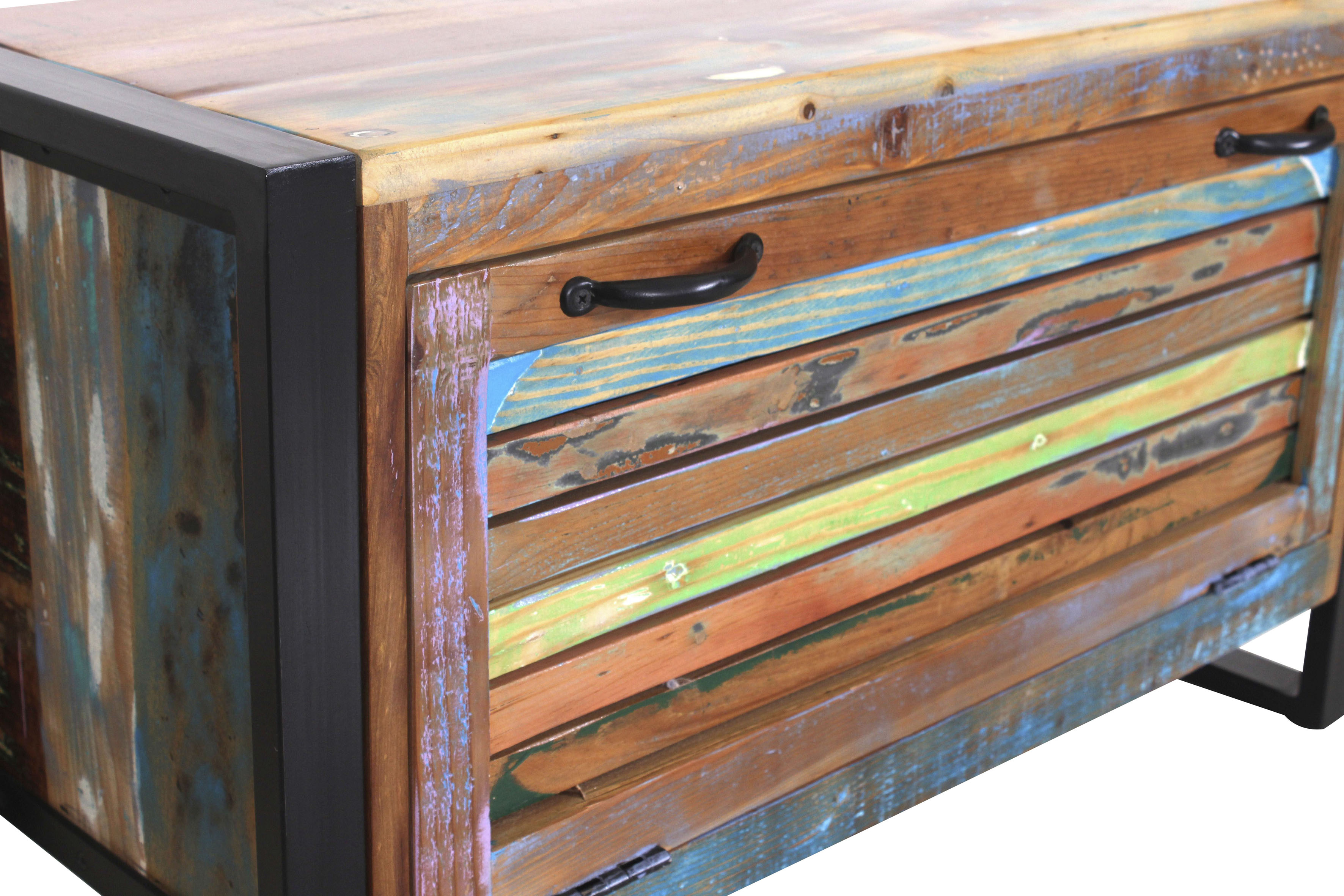 Schuhschrank SIT "Procida aus Altholz – bunte Lamellenfront – 1 Klappe", bunt, B:85cm H:50cm T:35cm, Massivholz, Schränke, Schuhschrank, Für ca. 6 Paar Schuhe mit bunter Lamellenfront und Metallrahmen bunt bunt, B/H/T: 85cm x 50cm x 35cm