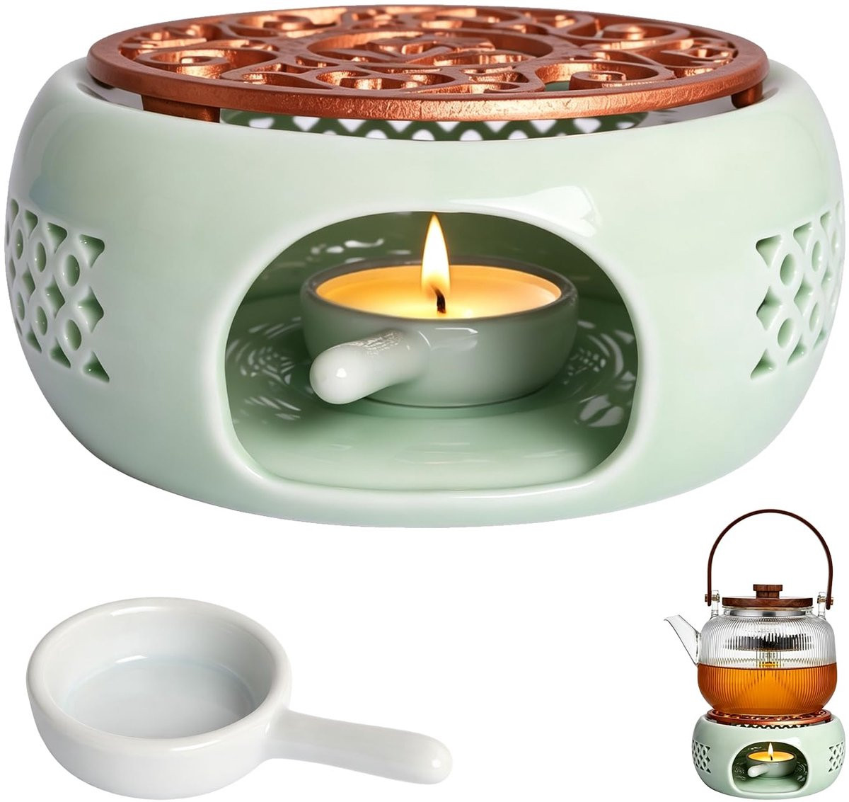 Keramische theewarmer met kaarsenhouder en ovenmat
