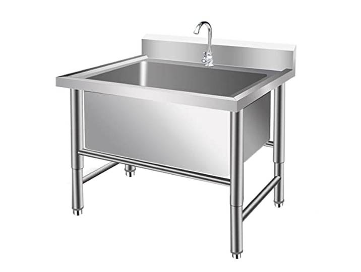 LBONG Freistehende Edelstahl Spülbecken Große Waschbecken Gewerbliche Waschtrog Gartenwaschbecken mit Wasserhahn(100X70X80cm/39.3X27.5X31.4in,11.8 Deep)