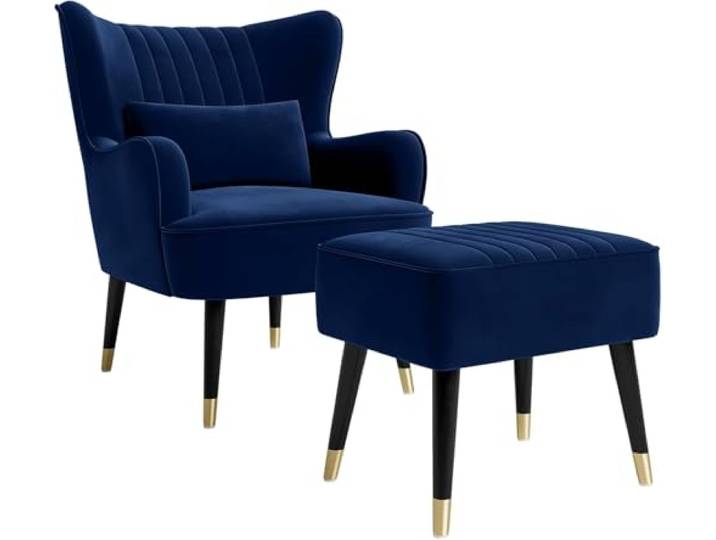 Vesgantti Samt Sessel, Moderne Relaxsessel mit Holzbein, Loungesessel mit Armlehnen, Ohrensessel für Wohnzimmer Schlafzimmer (Blau, Mit Fußhocker)