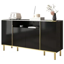 Hochglanz Sideboard 150x40x80 mit LED-Beleuchtung, goldenen Akzenten, 4 Türen, 1 Schublade, modernes Design in Weiß und Gold