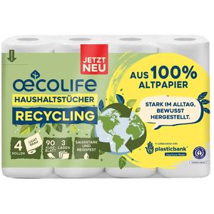 Oecolife Küchenrolle Kurzblatt, 3-lagig, 90 Blatt je Rolle, aus Recyclingpapier, saugstark, 4 Rollen