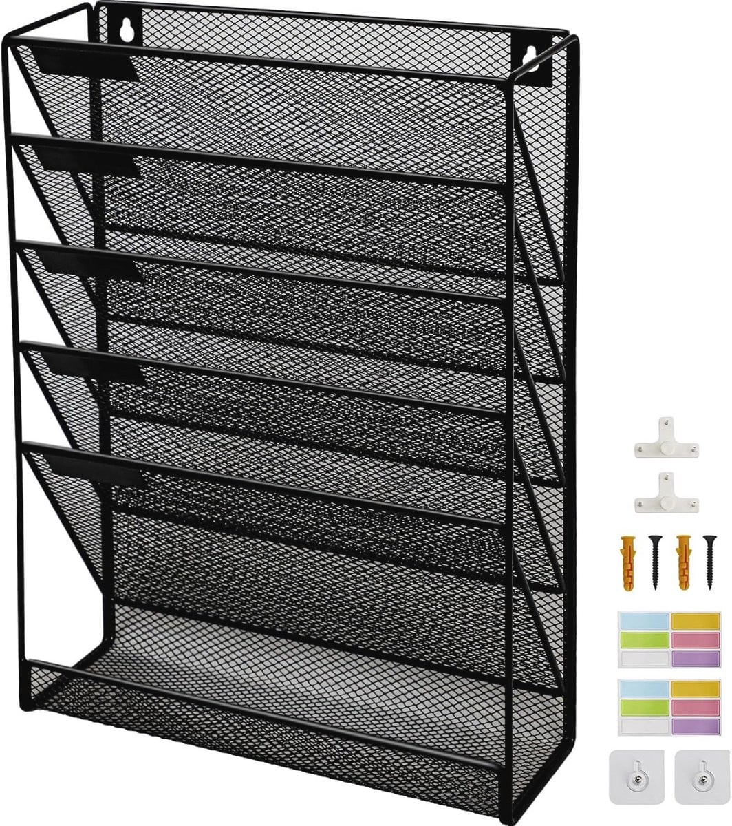 6-Lagen Muurbestand Houder Organizer met Platte Lade - Verticale File Organizer en Tijdschrift Rack