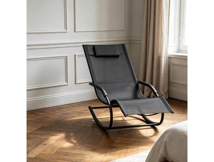 Fauteuil à Bascule Extérieur Intérieur avec Accoudoirs - HAVRYA - Textilène métal noir 62 × 150 × 84 cm