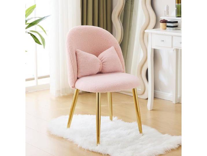 VINGLI Fauteuil Relax Chaise Coiffeuse Fauteuil avec Coussin Nœud Dossier Incurvé sans Accoudoirs en Peluche Teddy Rose