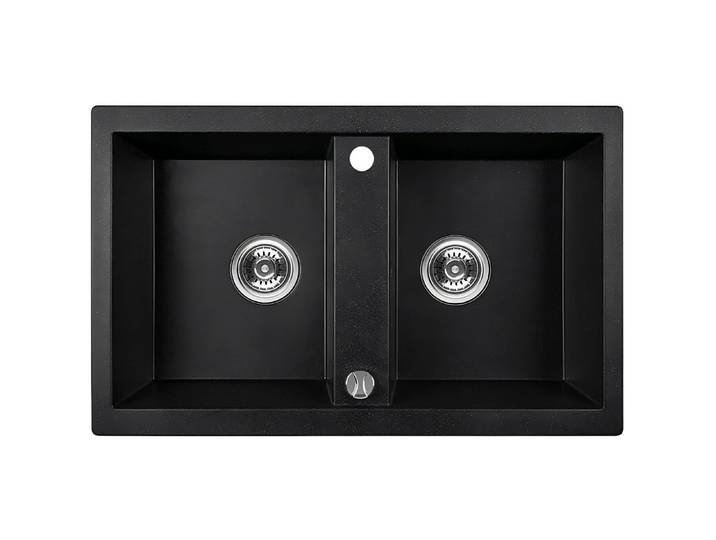 KOLMAN Küchenspüle Doppelbecken Barbados Granitspüle, Rechteckig, 48/78 cm, Schwarz, Space Saving Siphon GRATIS