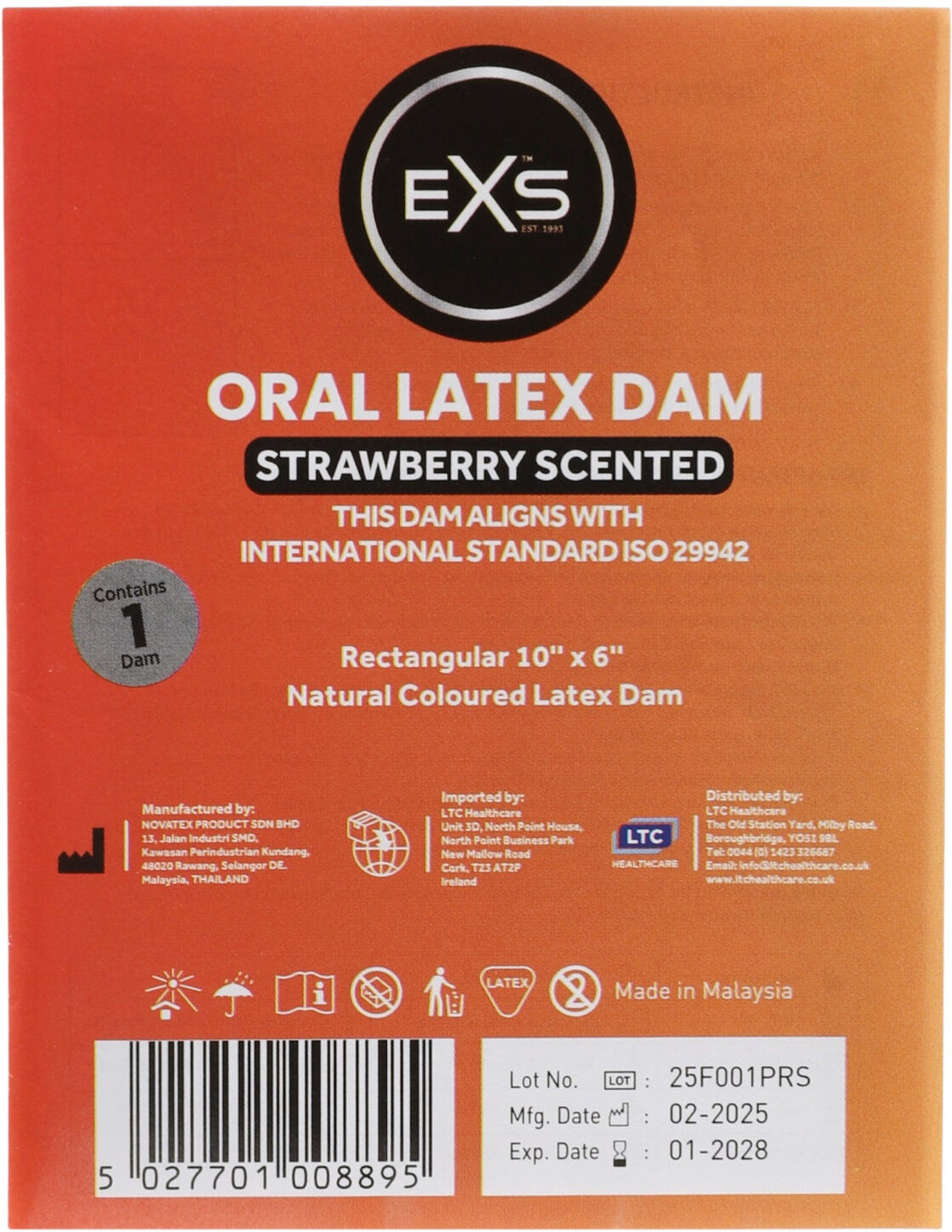 EXS strawberry‑flavoured dental dam - latex oral dam (1 piece)